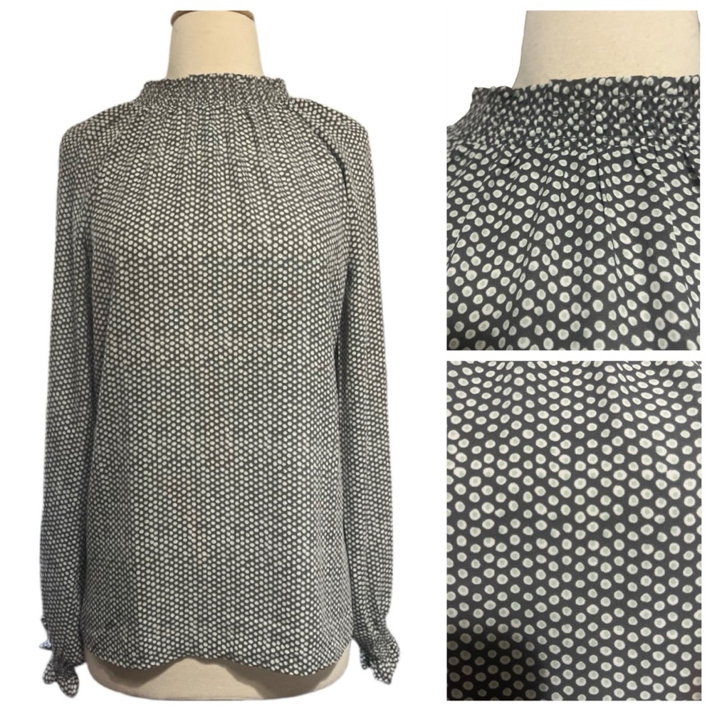 LOFT Gray High Ruffle Neck Long Sleeved Blouse, White/Blue Dots, Large, NWT